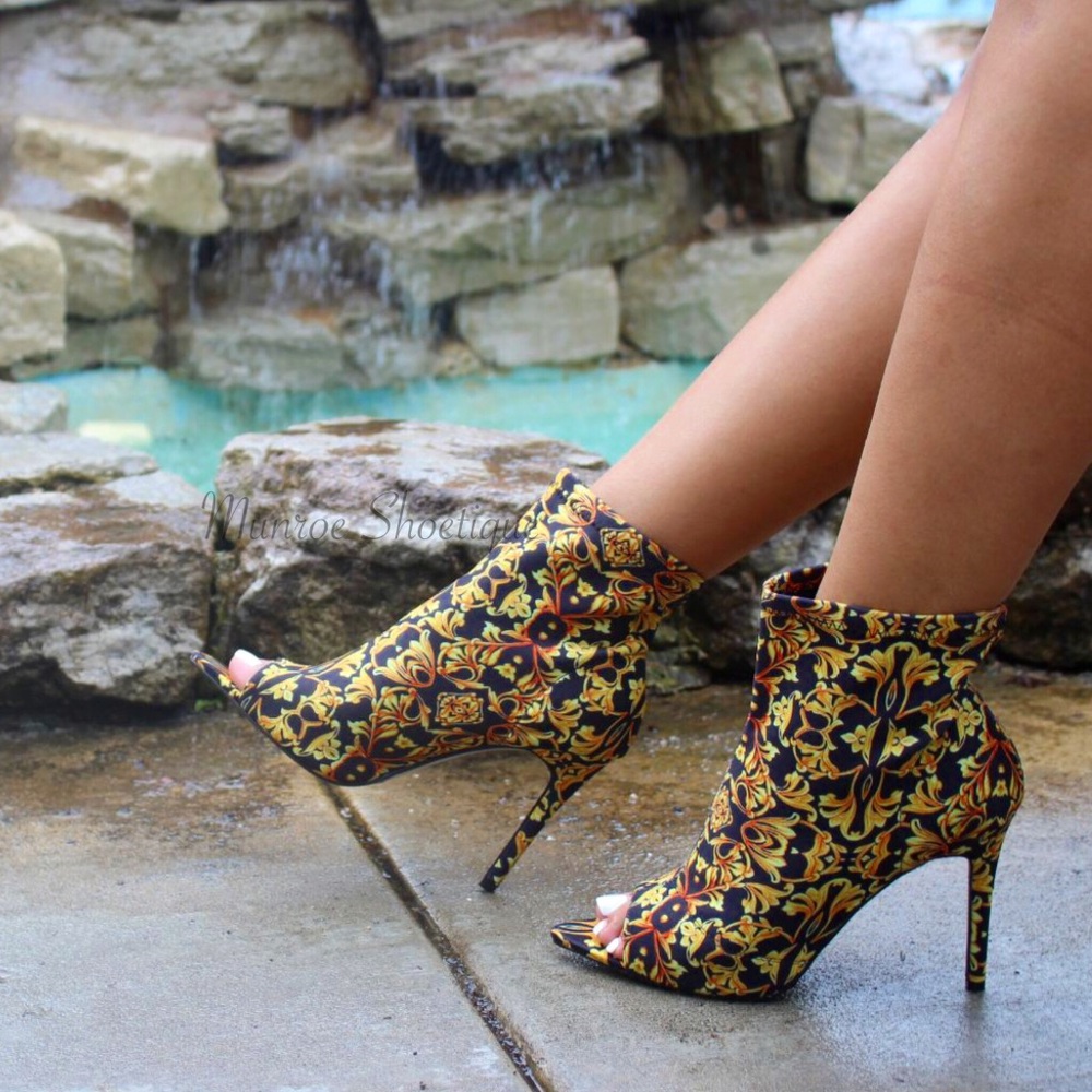 Fancy Black/Gold Print Pointy Open Toe Booties
